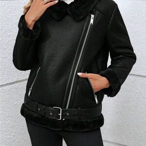 SHEIN Black Leather Jacket with Fur Accents